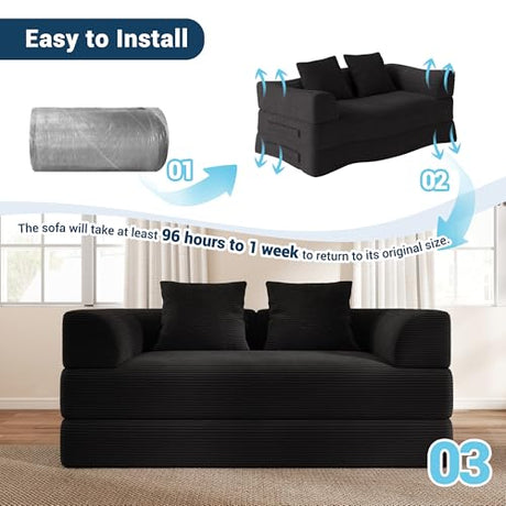 Cloud Boneless Convertible Sofa Bed, 4-in-1 Foldable Compressed High-Density Sponge Sofa, 70" Corduroy Fabric 3 Seater Sleeper Couch Futon Daybed for Living Room Bedroom (Black) Living&Giving