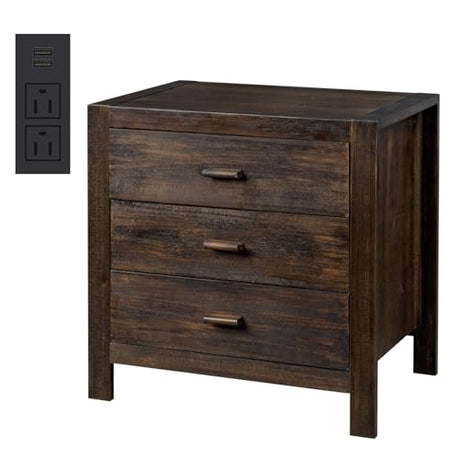 Karl home Farmhouse Nightstand with Charging Station, Solid Pine Wood 3 Drawer Night Stands for Bedroom, Bedside Table with 2 USB Ports & 2 AC Outlets, Vintage End Tables, Brown Karl home