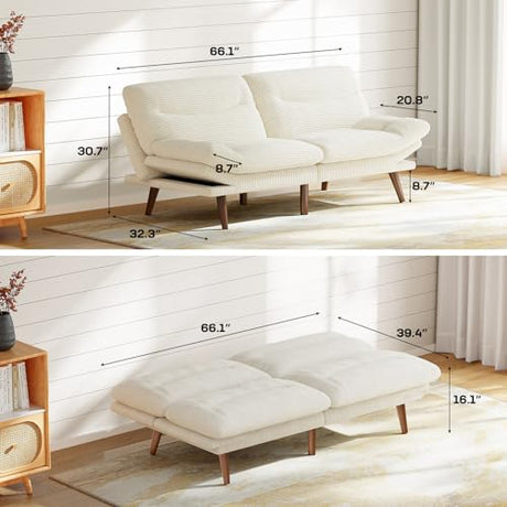 Marsail Futon Sofa Bed, Corduroy Futon Couch with Adjustable Backrest & Armrests, Convertible Small Sleeper Sofa Bed for Small Apartments, Study Room, Office, White Marsail