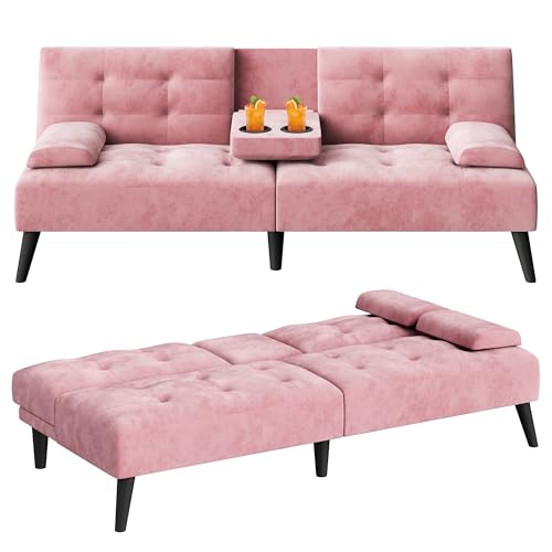 Meilocar Futon Sofa Bed, Modern Convertible Sofa Couch Recliner, 64 in Adjustable Sofa Bed for Living Room, Removable Armrest Pillow, 2 Cup Holders, 3 Angles Back, 5.3FT, Pink Meilocar