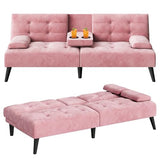 Meilocar Futon Sofa Bed, Modern Convertible Sofa Couch Recliner, 64 in Adjustable Sofa Bed for Living Room, Removable Armrest Pillow, 2 Cup Holders, 3 Angles Back, 5.3FT, Pink Meilocar