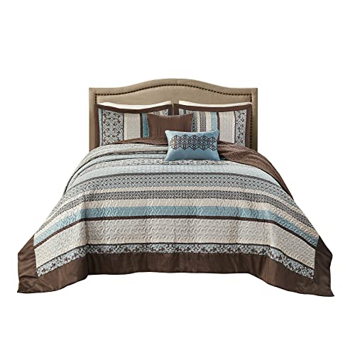Madison Park Princeton Reversible Quilted Bedspread Set, Solid Reverse Summer Breathable, Lightweight All Season Bedding Layer, Matching Shams, Bedspread King(120"x118"), Blue 5 Piece Madison Park