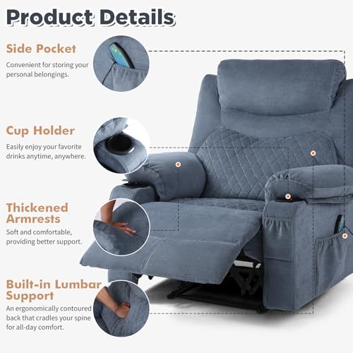Overstuffed Massage Recliner Chair with Heat, Fabric Wide Seat Reclining Chair with Cup Holder for Adult, Heated Massaging Manual Recliner Chairs, Navy Blue