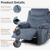Overstuffed Massage Recliner Chair with Heat, Fabric Wide Seat Reclining Chair with Cup Holder for Adult, Heated Massaging Manual Recliner Chairs, Navy Blue