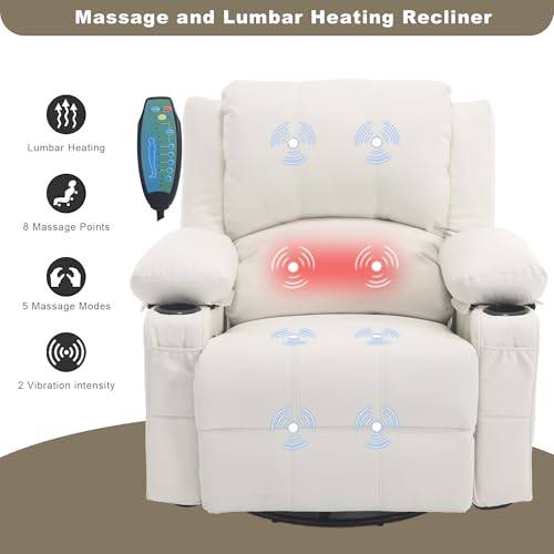 linting Leather Swivel Rocker Recliner Chair with Massage and Heat Overstuffed Manual Recliner Chairs with Cup Holders, Beige Rocking Glider Chairs