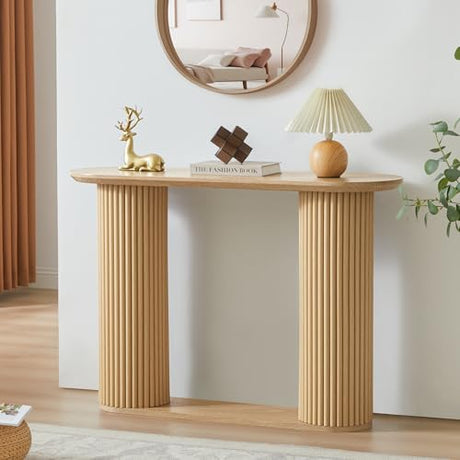 AVZEAR Fluted Entryway Console Table with Storage Shelf, Oval Curved Couch Table Behind Sofa Modern Boho Console Tables Long and Skinny for Living Room Hallway Entrance Foyer, Nature Color AVZEAR