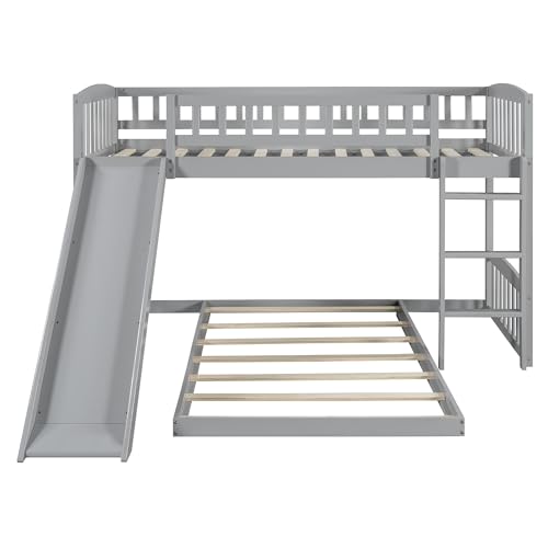 LZ LEISURE ZONE Twin Over Twin Bunk Bed, Wood Bunk Bed with Slide and Ladder, Gray LZ LEISURE ZONE