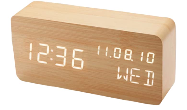 Pokanic Wood Digital Alarm Clock Desk Time, Date(MM/DD/YY), Day of The Week, Temperature, Nightlight Large LED Display Portable Lamp Bedroom, Office, School, Home, Livingroom, Room (Bamboo) Pokanic
