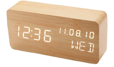 Pokanic Wood Digital Alarm Clock Desk Time, Date(MM/DD/YY), Day of The Week, Temperature, Nightlight Large LED Display Portable Lamp Bedroom, Office, School, Home, Livingroom, Room (Bamboo)