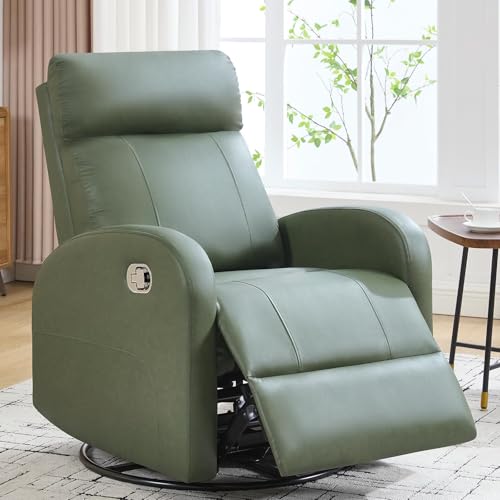 HOMYKA Swivel Rocker Recliner Chair, Manual Faux Leather Recliner, Glider Rocking Recliners 360°Swivel Nursery Reclining Chairs with Adjustable Headrest Highback for Living Room, Dark Green