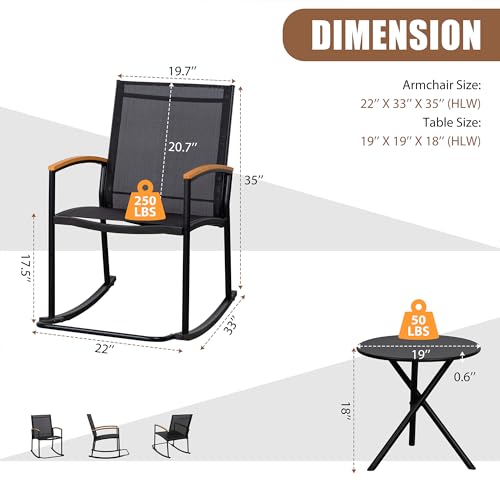 Shintenchi 3 Piece Outdoor Rocking Bistro Set, Textilene Fabric Small Patio Furniture Set, Front Porch Rocker Chairs Conversation Set with Table for Lawn, Garden, Balcony, Poolside (Black) Shintenchi