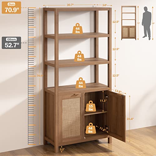 SICOTAS 5-Tier Rattan Boho Bookshelf with Doors - Tall Oak Bookcase for Stylish Storage - WoodArtSupply