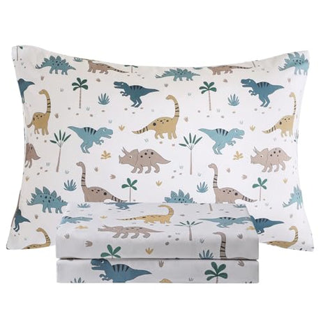 Vinogusto Full Size Bed Sheets for Boys Kids - 4-Piece Jurassic Dinosaur Bedding Set, Breathable Light Grey Dino 3D Fitted Sheets with 14" Deep Pocket, Ultra-Soft Lightweight Bedroom Essentials Vinogusto