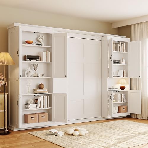 THINK 30 Full Size Murphy Bed with Dual 6-Tier Side Shelves&Dual Sliding Cabinet, Wooden Foldable Hidden Wall Bed with Large-Capacity Storage System, Space-Saving Murphy for Bedroom Study Home Office THINK 30