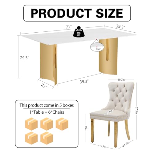 Shenyon Modern Dining Table Set for 6, White Faux Marble Glass Dining Room Set, 71” Rectangular Kitchen Table with 6 Beige Velvet Dining Chairs, Kitchen & Dining Room Set Shenyon