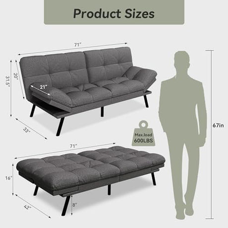 AMICLIBER Convertible Futon Sofa Bed,71" Memory Foam Futon Couch,Detachable Cushion,Adjustable Backrest & Armrest,Linen Modern Loveseat Sleeper Recliner for Living Room,Office,Apartment,Mist Grey AMICLIBER