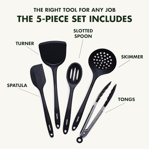 GreenPan 5 Piece Cooking Utensil Set, Flexible Nonstick Silicone, Stain-Free, Tongs, Turner, Spatula, Skimmer, and Slotted Spoon, Black GreenPan