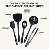 GreenPan 5 Piece Cooking Utensil Set, Flexible Nonstick Silicone, Stain-Free, Tongs, Turner, Spatula, Skimmer, and Slotted Spoon, Black GreenPan