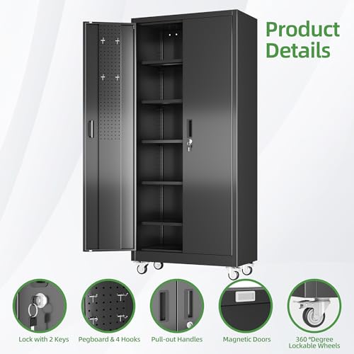 Reemoon 71" H Garage Storage Cabinets with 5 Adjustable Shelves and Door Pegboard,Metal Storage Cabinets with Wheels for Garage Home,Required Assembly,Black Reemoon