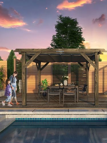 Perbyste 10'X 12' Outdoor Pergola, Wood Pergola with Retractable Shade Canopy for Backyards, Gardens, Patios, Deck - Charcoal Gray Perbyste