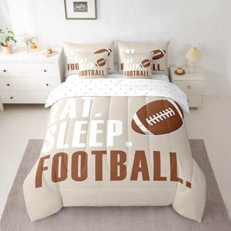 Feelyou Football Comforter Set with Sheets Full Size Rugby Sports 7 Pieces Bedding Set for Kids Boys Girls Teens Beige Brown Sports Ball Game Bed in a Bag Gift for Football Lover Bed Set Feelyou