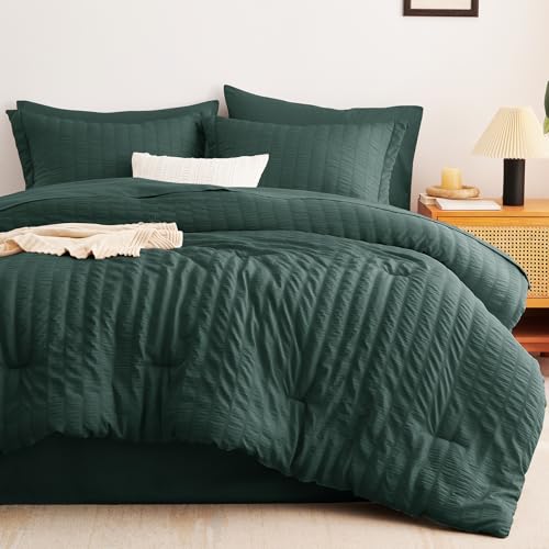 CozyLux Full Size Comforter Sets with Sheets Seersucker 7 Pieces Forest Green Bed in a Bag Textured Luxury Soft Bedding Set with Down Alternative Comforter, Sheets, Pillowcases & Shams for All Seasons CozyLux