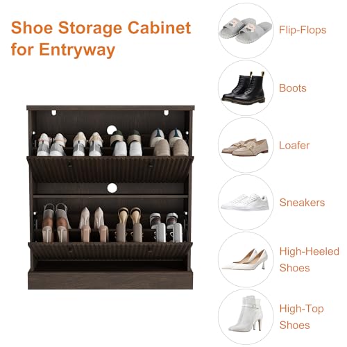Garvee Shoe Cabinet with 2 Flip Drawers, Modern Narrow Wave Shoe Organizer with Adjustable Shelves, Wooden Freestanding Shoe Cabinet for Entryway, Living Room, Hallway, Walnut Garvee