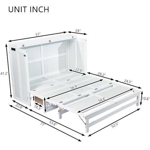 KALALLA Full Size Murphy Cabinet Chest Bed with Storage Drawer and USB-Ports, Wood Foldable Platform Bed, Space Saving for Home Office, Guest Room, KALALLA