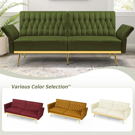 ACMEASE 2 Pieces Velvet Sofa Set with Adjustable Armrest and Backrest, 70” Convertible Futon Sofa Bed & Mordern Accent Chair with Ottoman for Living Room, Bedroom, Olive Green ACMEASE