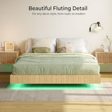 Tatub Natural Queen Floating Bed Frame with LED Lights, Modern Fluted Oak Platform Bed Frame Floating, Heavy Duty Metal Slats, No Box Spring Required Tatub