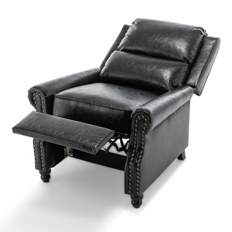 Pushback Recliner Chair, Faux Leather Wingback Recliner Chair, Upholstered Armchair Push Back Recliner with Wood Legs, Rivet Trim Single Sofa Accent Chair for Living Room, Bedroom, Black Qatiby