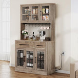 DWVO 71'' Tall Kitchen Pantry Storage Cabinet with Charge Station, Farmhouse Glass Display Food Pantry Hutch with Microwave Stand & Hooks & Drawers & Shelves for Home Living Dining Room, Lvory Grey DWVO