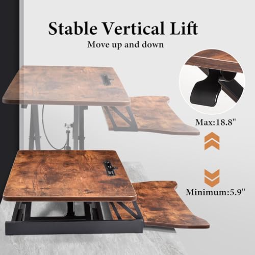 Standing Desk Converter 37 Inch – Easy Assembly Height Adjustable Sit Stand Desktop Riser with GasSpring Lift, Duals Monitor Laptop Workstation and Spacious Keyboard Tray, Ergonomic Converter (Brown) Generic