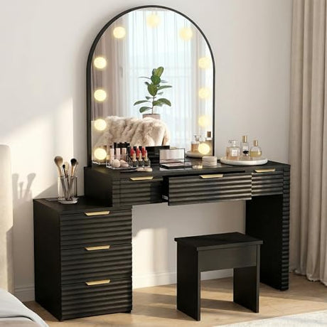 ACAGALA Modern Vanity Desk Chair Set with Mirror Light Fashionable Makeup Table with Glass Top Multi Drawers for Home Bedroom Salon Example: Adidas Blue Sneakers (Black) ACAGALA