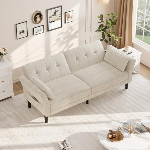 IDEALHOUSE 89" Futon Sofa Bed, Modern Chenille Sleeper Couch with Adjustable Backrest & Armrest, Convertible Futon Couch for Living Room Bedroom Apartments, Beige IDEALHOUSE