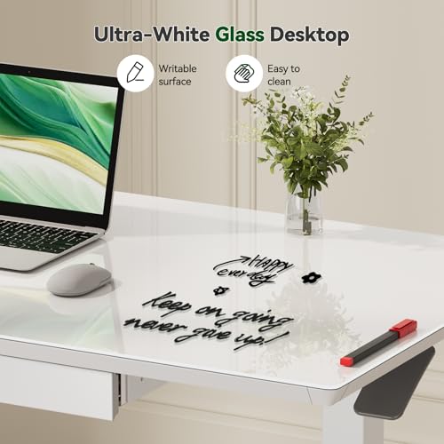 Gibbon Mounts Glass Standing Desk with Drawers,35inch Small Mobile Laptop Desk, Height Adjustable Rolling Sit Stand Desk, White Pneumatic Portable Computer Desk with Hidden Wheels or Lockable Casters Gibbon Mounts
