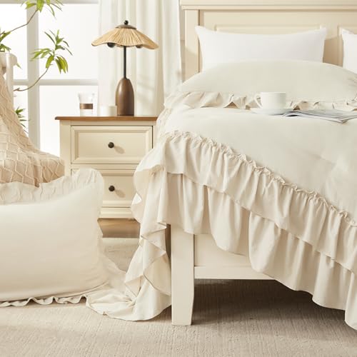 Andency Beige Twin Size Comforter Set, 2 Pieces Boho Lightweight Fluffy Ruffle Bedding Set & Collections, All Season Soft Microfiber Farmhouse Shabby Chic Bed Set for Kids (66x90In Comforter) Andency
