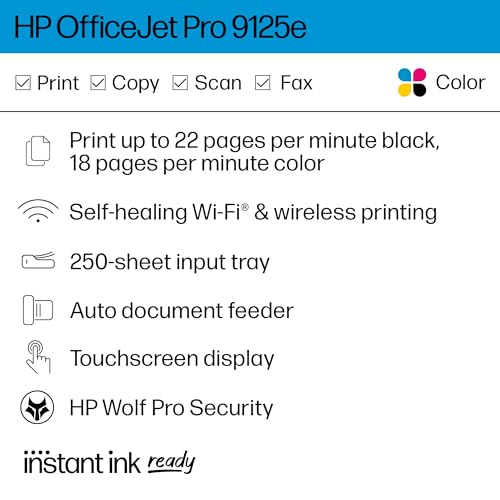 HP OfficeJet Pro 9125e All-in-One Printer, Color, Printer-for-Small Medium Business, Print, Copy, scan, fax,Touchscreen; Smart Advance Scan, 3 months of Instant Ink included