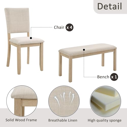 LUMISOL 6-Piece Dining Table Set with Bench and Chairs, Farmhouse Kitchen Table Set for 6 People, Wooden Table and Chairs Set for Kitchen, Dining Room, Light Oak+Beige LUMISOL