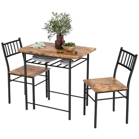 HOMCOM 3-Piece Dining Table Set for 2, Small Kitchen Table and Chairs with Built-in Storage Rack and Steel Frame, for Breakfast Nook and Small Space, Rustic Brown HOMCOM