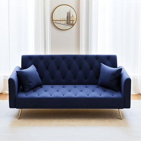 Anwick 72" Modern Velvet Sofa Bed Futon,Convertible Folding Sleeper Bed Couches with 3 Adjustable Backrests,Tufted Recliner Loveseat with Golden Chrome Legs for Small Living Room Office (Blue) Anwick