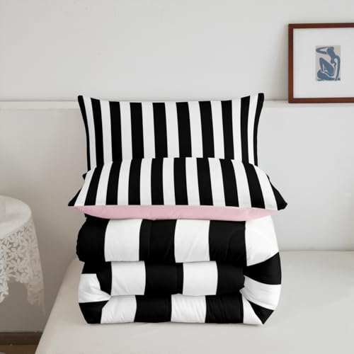 Erosebridal Black and White Striped Twin Comforter Set (Pink Reversible) | Striped Bedding Set Pink and Black Comforter Sets for Kids Teens Adults Cute Pinstripe Girls Bed Quilt Sets Erosebridal