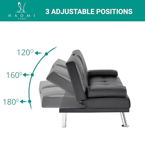 Naomi Home Black Futon Sofa Bed Faux Leather Futon Couch with Armrest and 2 Cupholders Pull Out Sofa Bed Couch with Metal Legs Reclining Small Bed Black Couches for Living Room Naomi Home