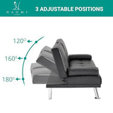 Naomi Home Black Futon Sofa Bed Faux Leather Futon Couch with Armrest and 2 Cupholders Pull Out Sofa Bed Couch with Metal Legs Reclining Small Bed Black Couches for Living Room Naomi Home
