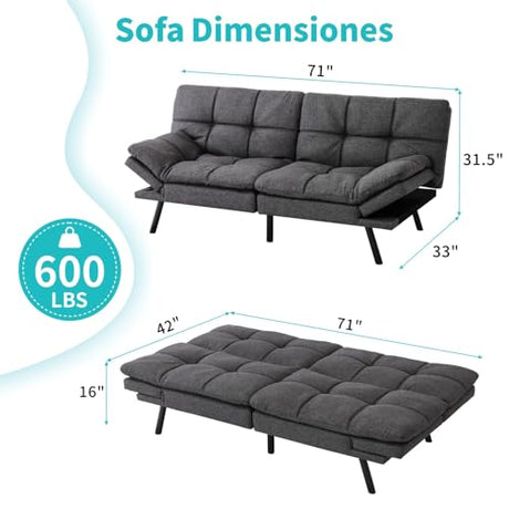 MUUEGM 71" Futon Sofa Bed with Memory Foam,Futon Couch with Adjust Backrest and Armrest, Couches Bed for Living Room,Studios, Apartments, Dormitories, Offices and Game Rooms. Dark Gray Sofa Bed MUUEGM