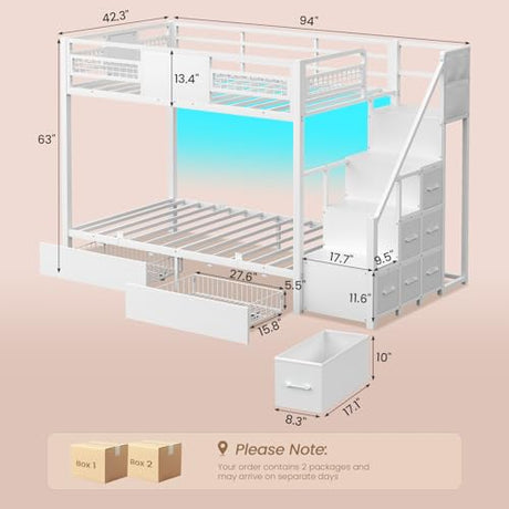 BTHFST Bunk Bed Twin Over Twin with Stairs, LED Lights Twin Bunk Bed with 2 Storage Drawers & 6 Fabric Drawers, Metal Twin Loft Beds with Guardrail & Stairs, Space Saving, Sturdy Frame for Teens BTHFST