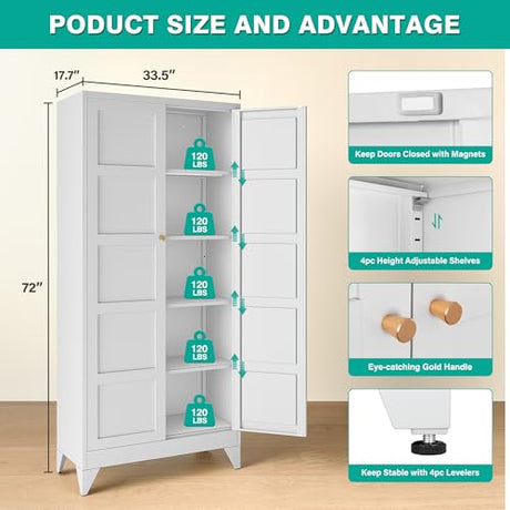 SISESOL Wide & Deep Metal Storage Cabinet with 2 Doors and 5 Shelves,72 inch Tall Pantry Storage Cabinet,Large Cupboard Closet,White Cabinets for Home,Kitchen,Bathroom,Dining/Living Room SISESOL