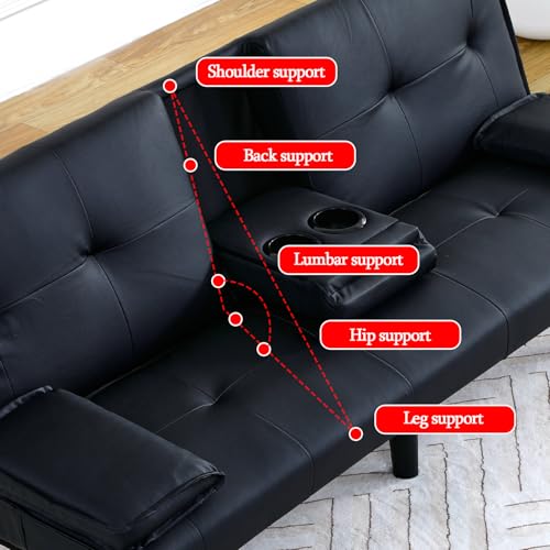 Convertible Sleeper Sofa Bed, Modern Leather Futon Couch Bed Twin Size, 67'' Recliner Reversible Loveseat Folding Couches Guest Bed for Small Spaces Living Room Office Dorm RV, 2 Cupholders (Black) Xinmviec
