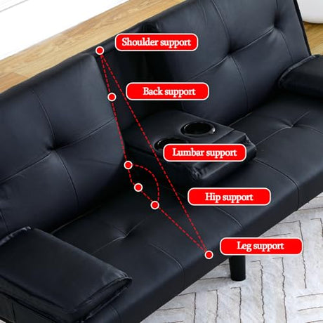 Convertible Sleeper Sofa Bed, Modern Leather Futon Couch Bed Twin Size, 67'' Recliner Reversible Loveseat Folding Couches Guest Bed for Small Spaces Living Room Office Dorm RV, 2 Cupholders (Black) Xinmviec
