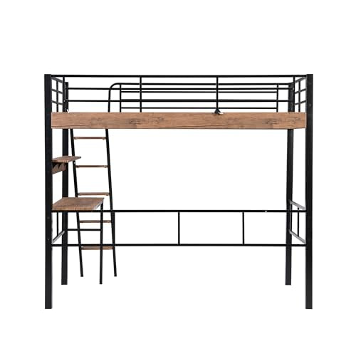 Ball & Cast Metal Twin Loft Bed with Safety Guard & Ladder,Sturdy Metal Bedframe W/Built-in Desk & Storage Shelf,Space Saver,No Box Spring Required,Bedroom Furniture for Boys Girls Teens Adult,Black Ball & Cast
